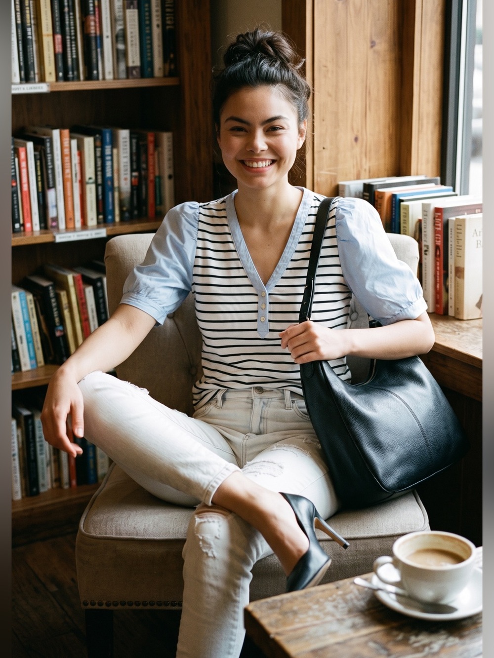 LOFT White Top with Navy Stripes